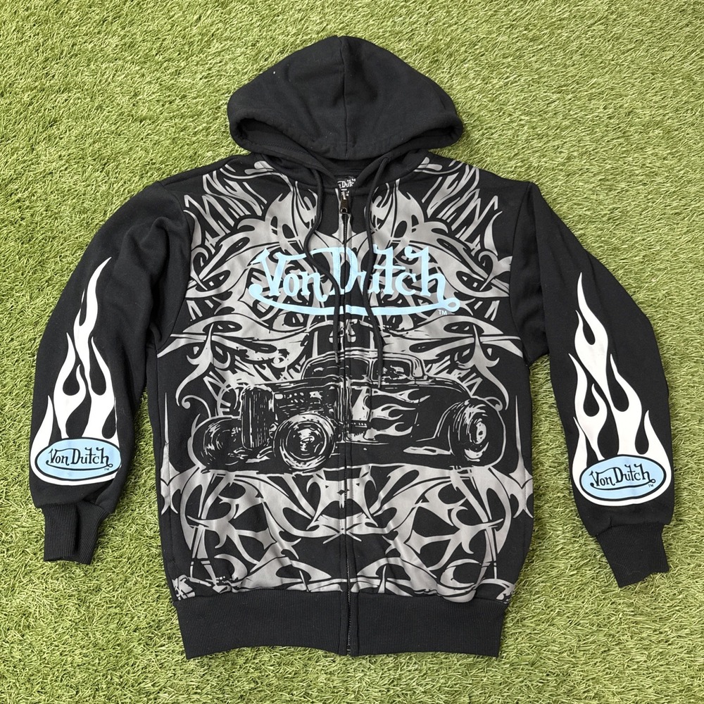 Von Dutch Womens Black Zip Up Hoodie XS Hot Rod 34 Ford Flames Blue Logo Vintage